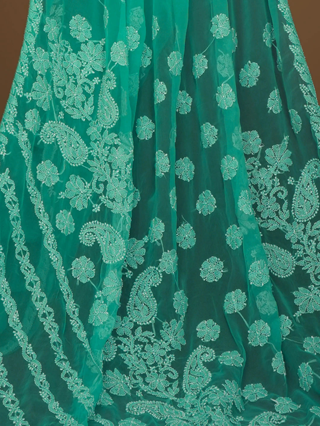 Ada Hand Embroidered Turquoise Blue Georgette Lucknowi Chikankari Saree With Blouse 01A571970