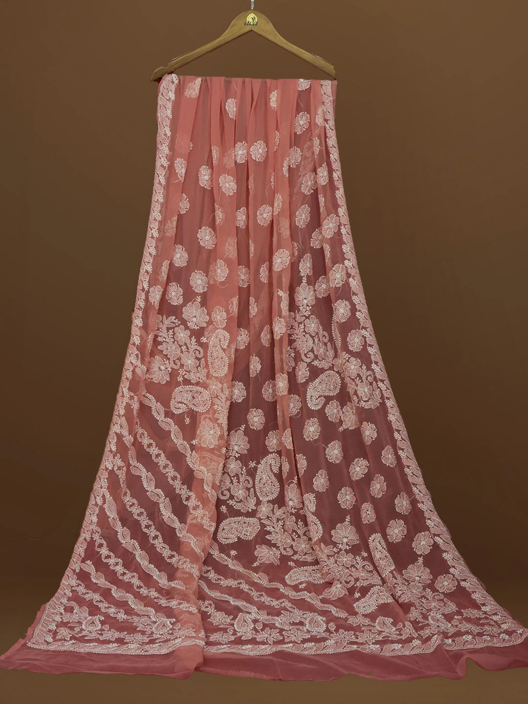 Ada Hand Embroidered Dusty Peach Georgette Lucknowi Chikankari Saree With Blouse 01A571948