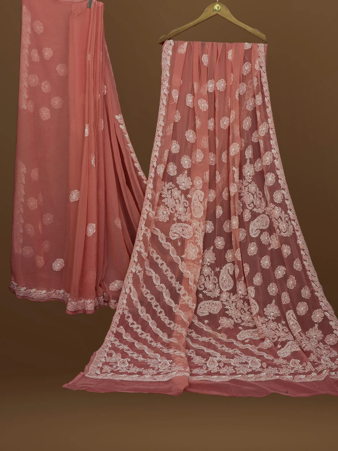 Ada Hand Embroidered Dusty Peach Georgette Lucknowi Chikankari Saree With Blouse 01A571948