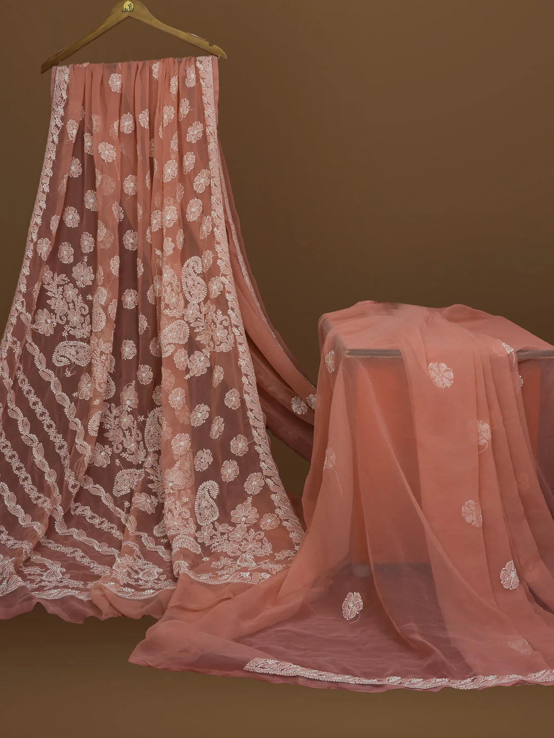 Ada Hand Embroidered Dusty Peach Georgette Lucknowi Chikankari Saree With Blouse 01A571948