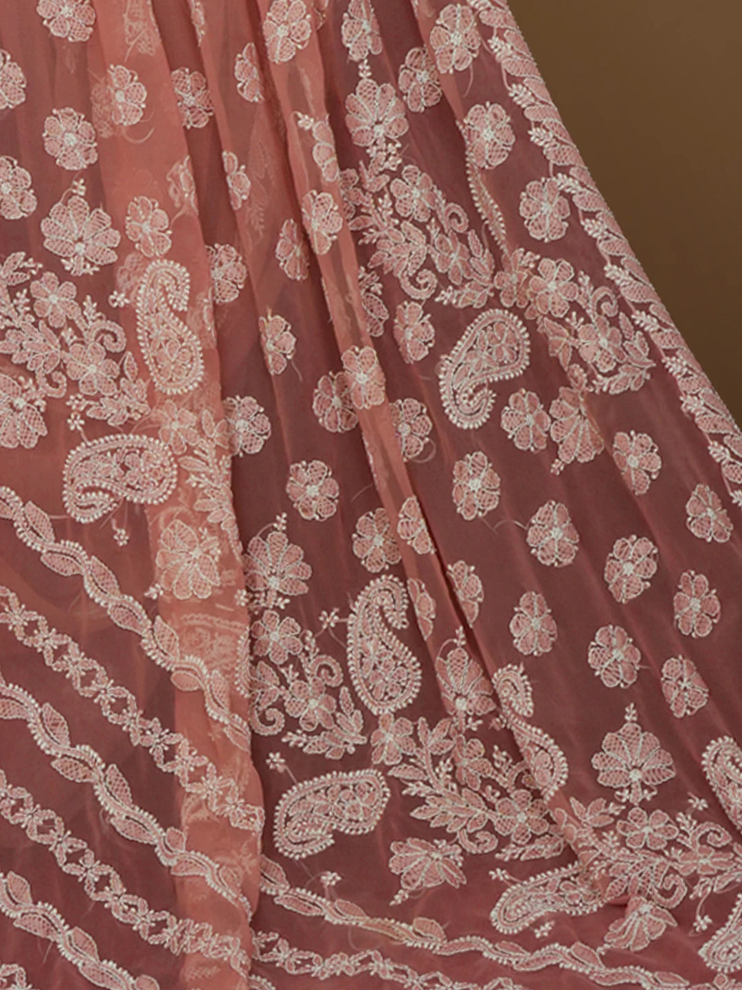 Ada Hand Embroidered Dusty Peach Georgette Lucknowi Chikankari Saree With Blouse 01A571948