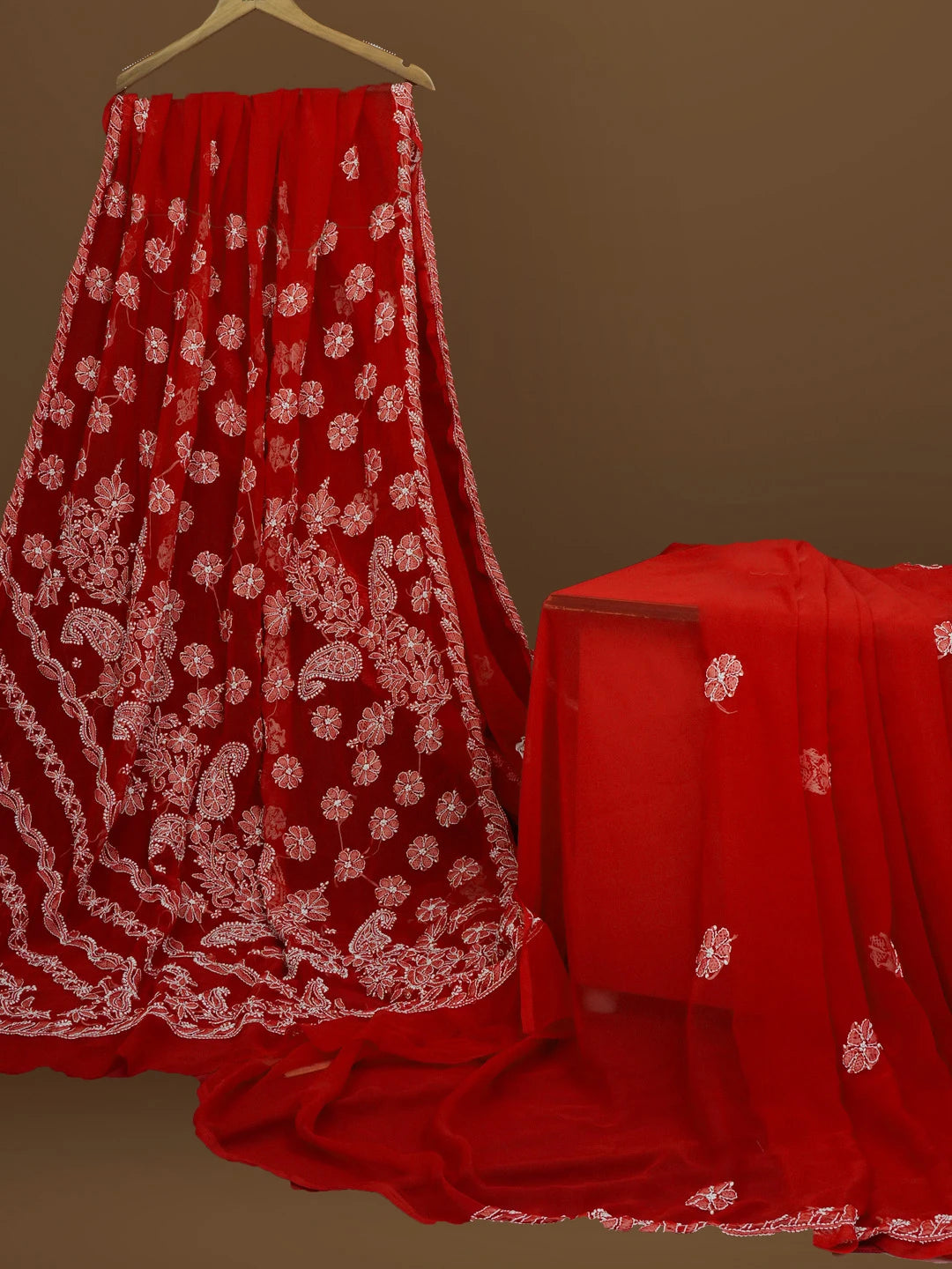Ada Hand Embroidered Red Georgette Lucknowi Chikankari Saree With Blouse 01A571965