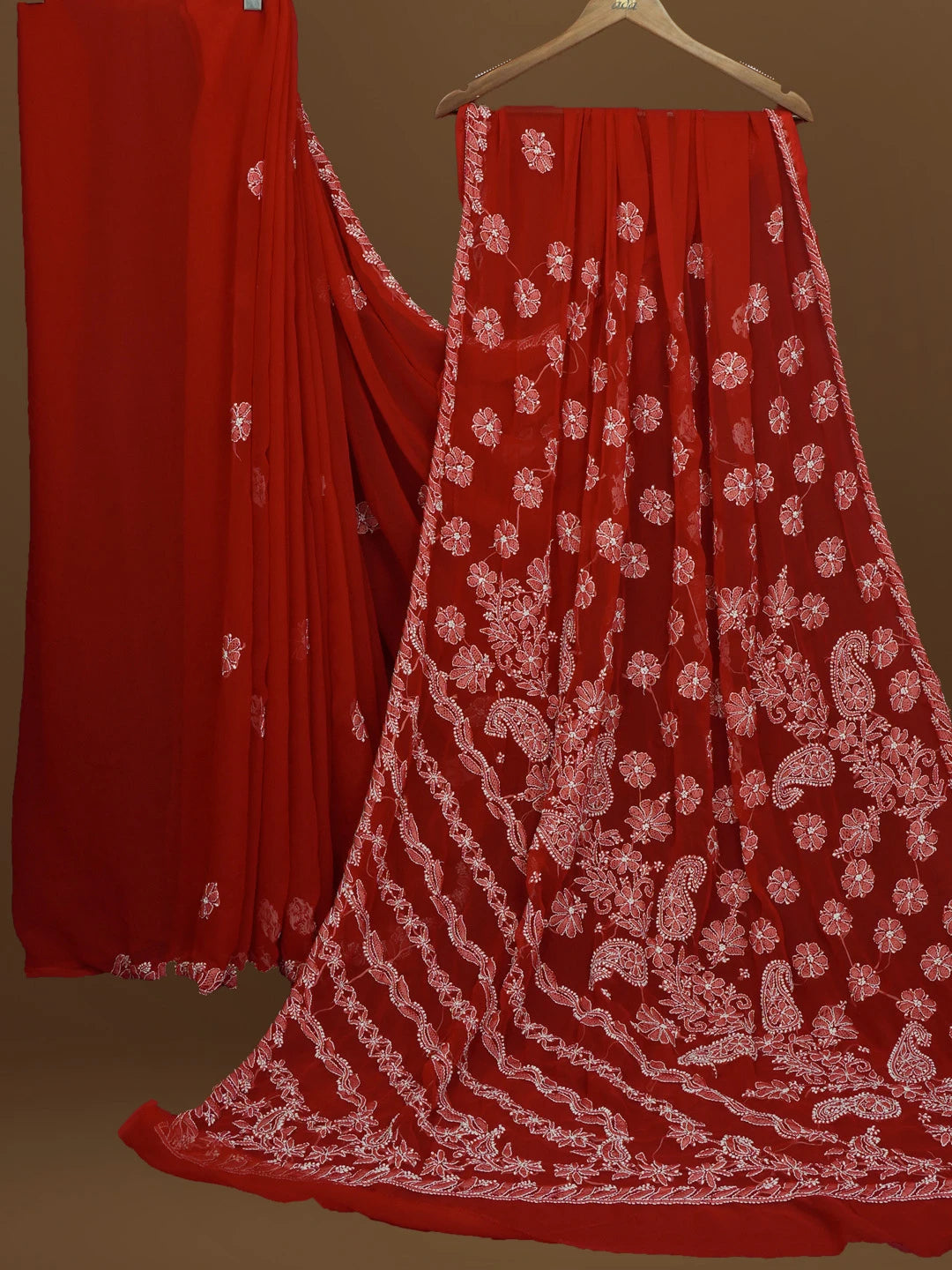 Ada Hand Embroidered Red Georgette Lucknowi Chikankari Saree With Blouse 01A571965