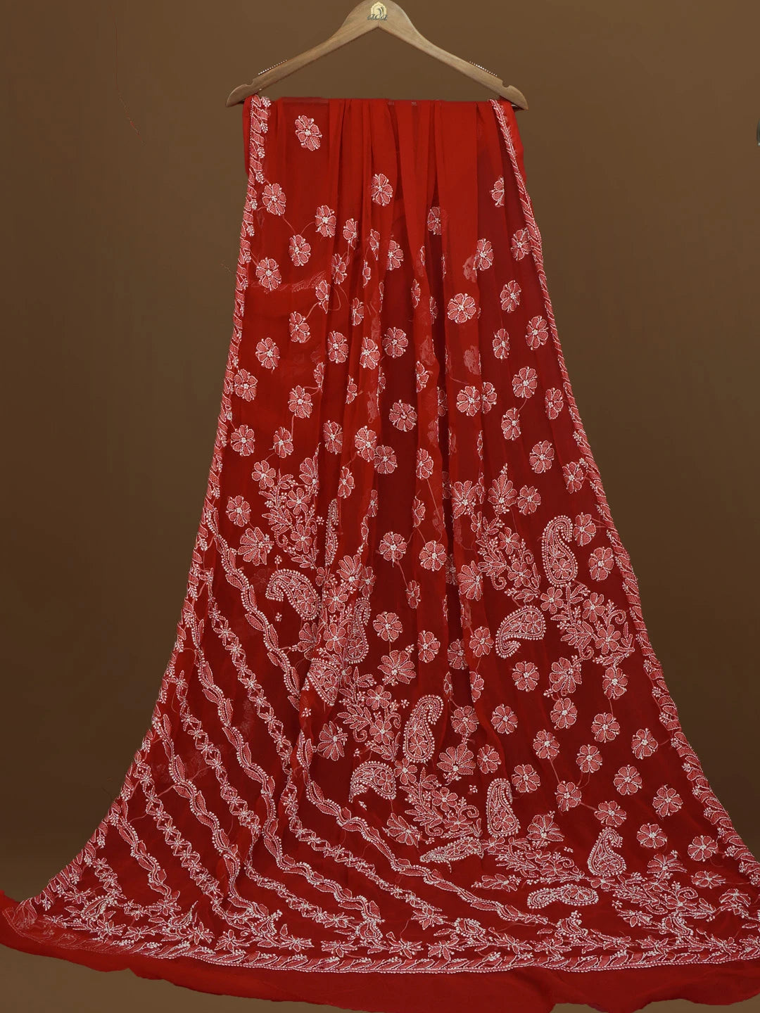 Ada Hand Embroidered Red Georgette Lucknowi Chikankari Saree With Blouse 01A571965