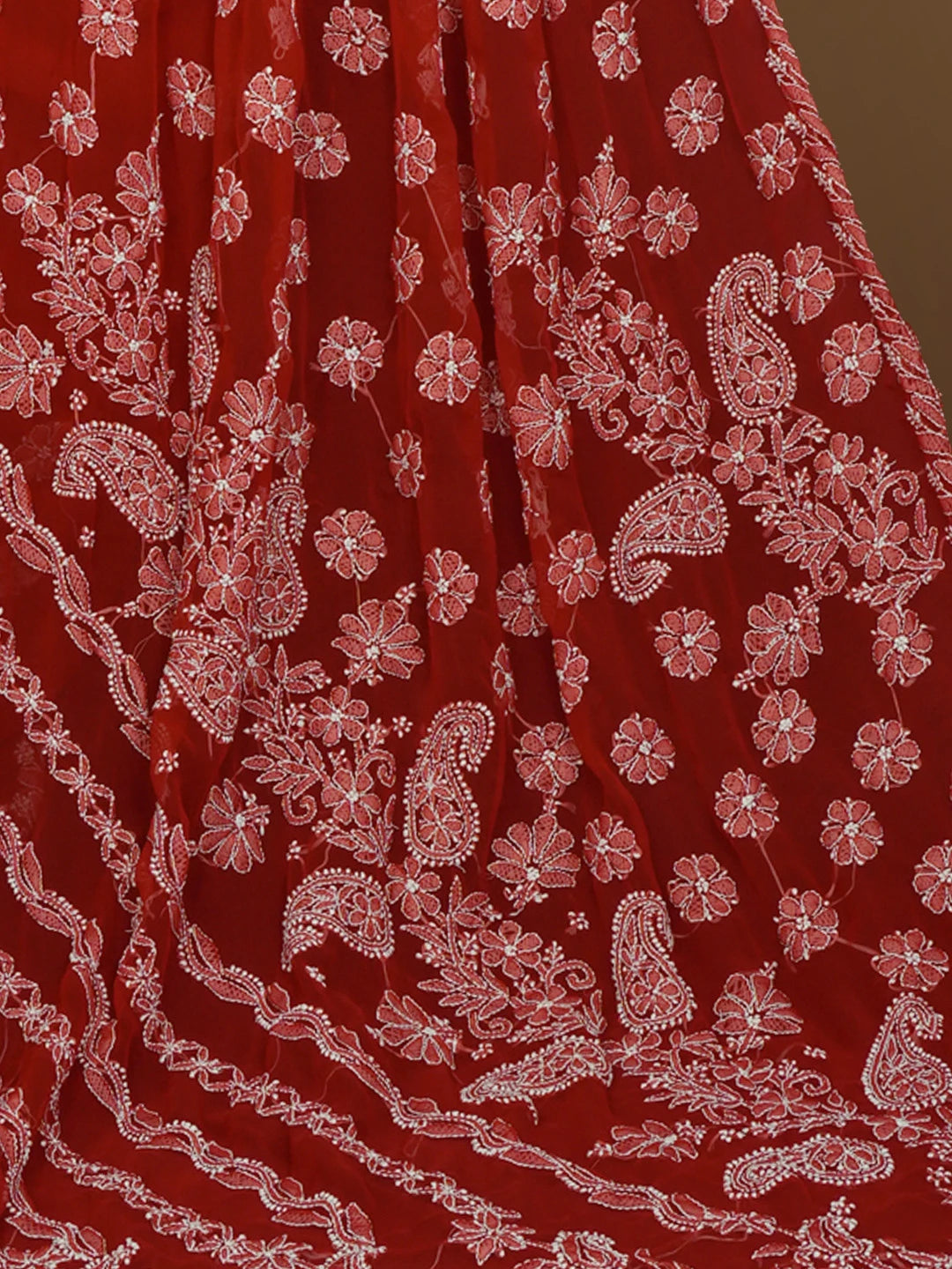 Ada Hand Embroidered Red Georgette Lucknowi Chikankari Saree With Blouse 01A571965