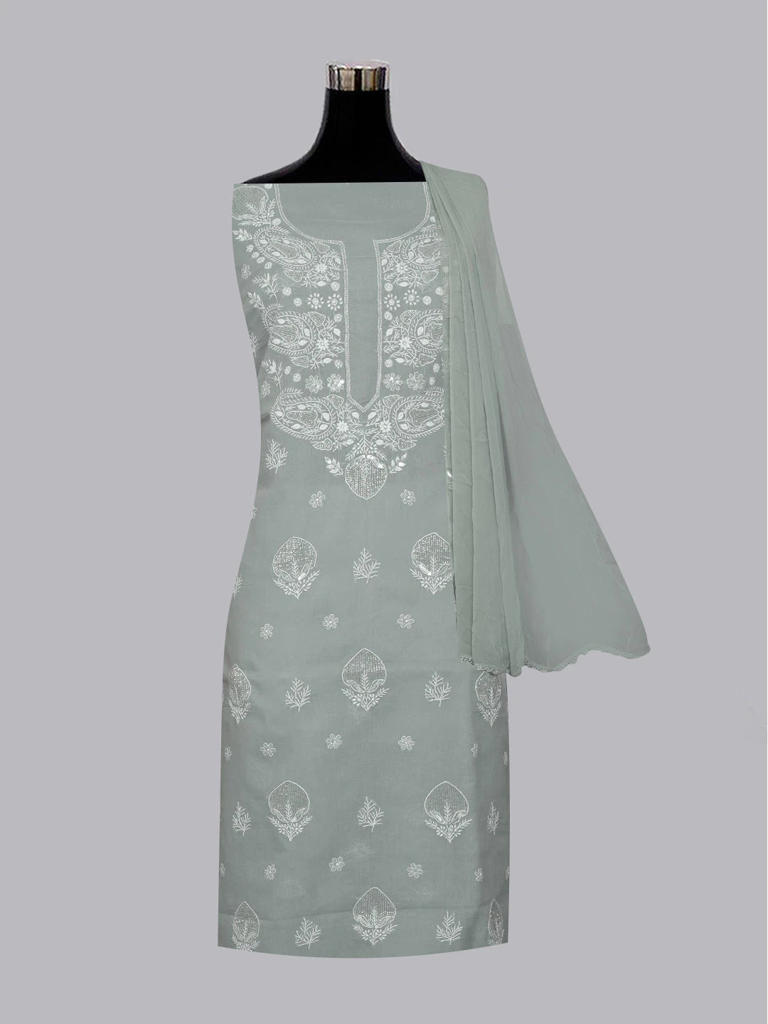 Ada Hand Embroidered Grey Cotton Lucknowi Chikankari Unstitched Suit Piece With Cutdana Work 01A574226