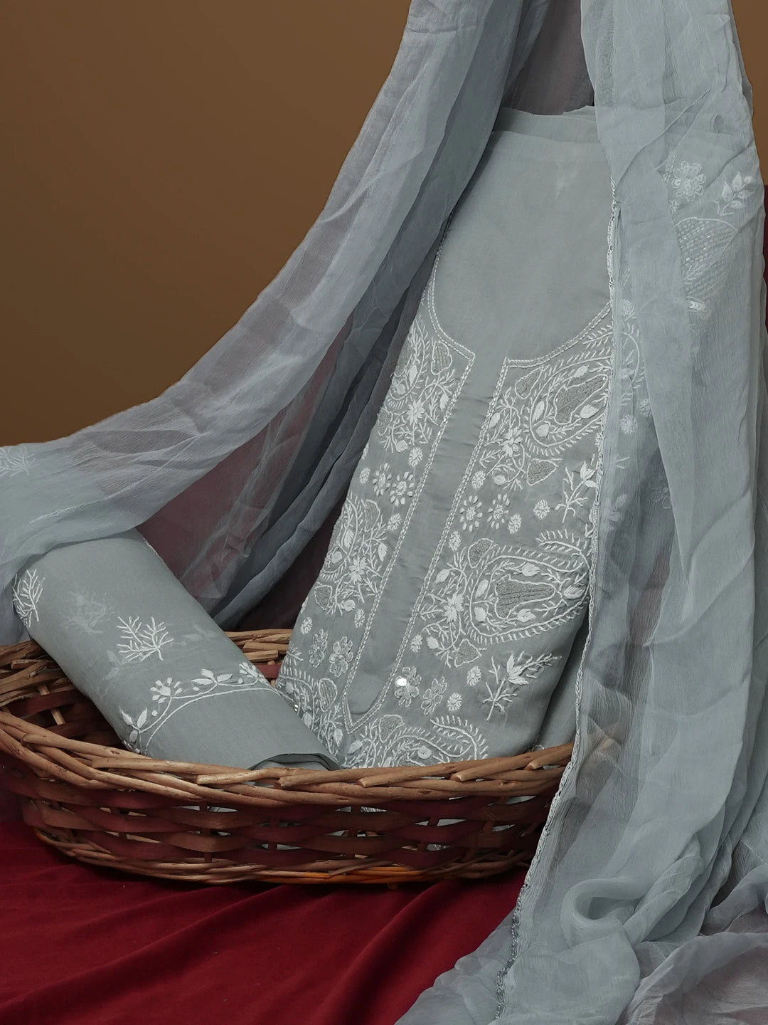 Ada Hand Embroidered Grey Cotton Lucknowi Chikankari Unstitched Suit Piece With Cutdana Work 01A574226