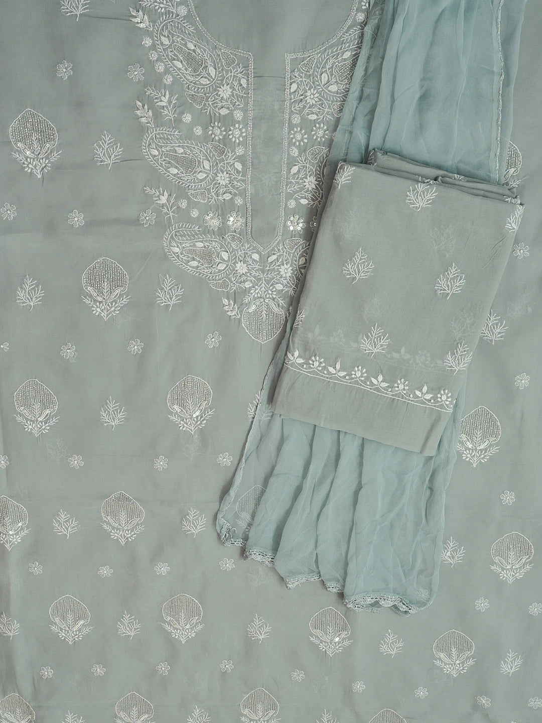 Ada Hand Embroidered Grey Cotton Lucknowi Chikankari Unstitched Suit Piece With Cutdana Work 01A574226