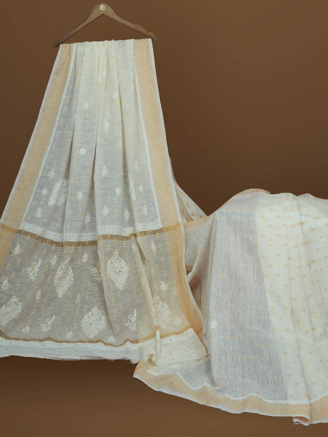Ada Hand Embroidered White Chanderi Lucknowi Chikankari Saree With Blouse 01A572064