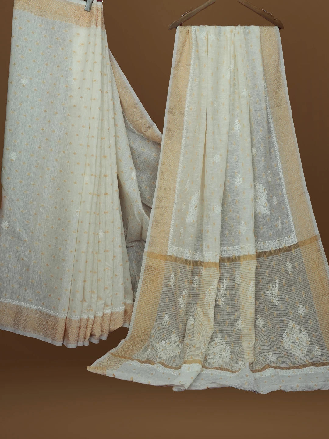 Ada Hand Embroidered White Chanderi Lucknowi Chikankari Saree With Blouse 01A572064