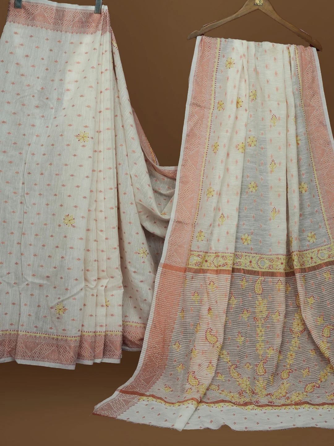 Ada Hand Embroidered White Chanderi Lucknowi Chikankari Saree With Blouse 01A572056
