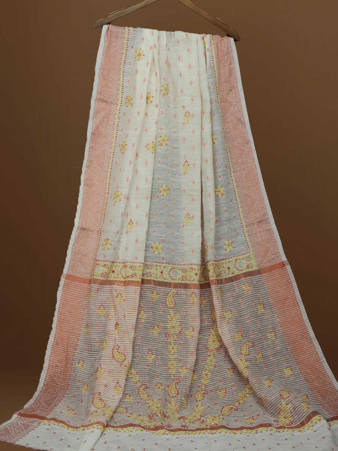Ada Hand Embroidered White Chanderi Lucknowi Chikankari Saree With Blouse 01A572056