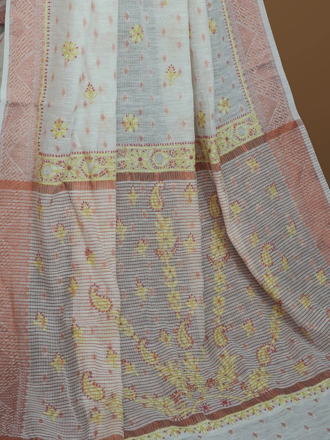 Ada Hand Embroidered White Chanderi Lucknowi Chikankari Saree With Blouse 01A572056