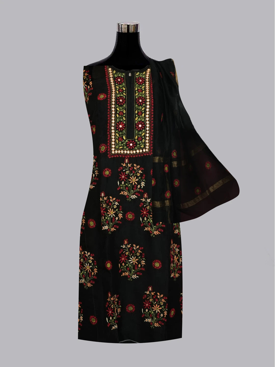 Ada Hand Embroidered Black Organza Lucknowi Chikankari Unstitched Kurta Dupatta Set With Parsi Work 01A566335