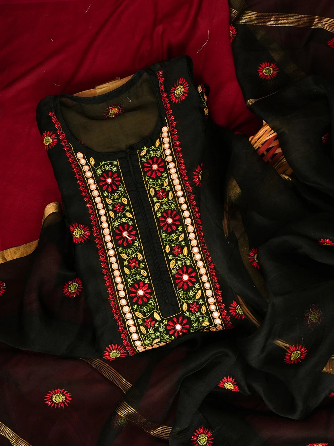Ada Hand Embroidered Black Organza Lucknowi Chikankari Unstitched Kurta Dupatta Set With Parsi Work 01A566335