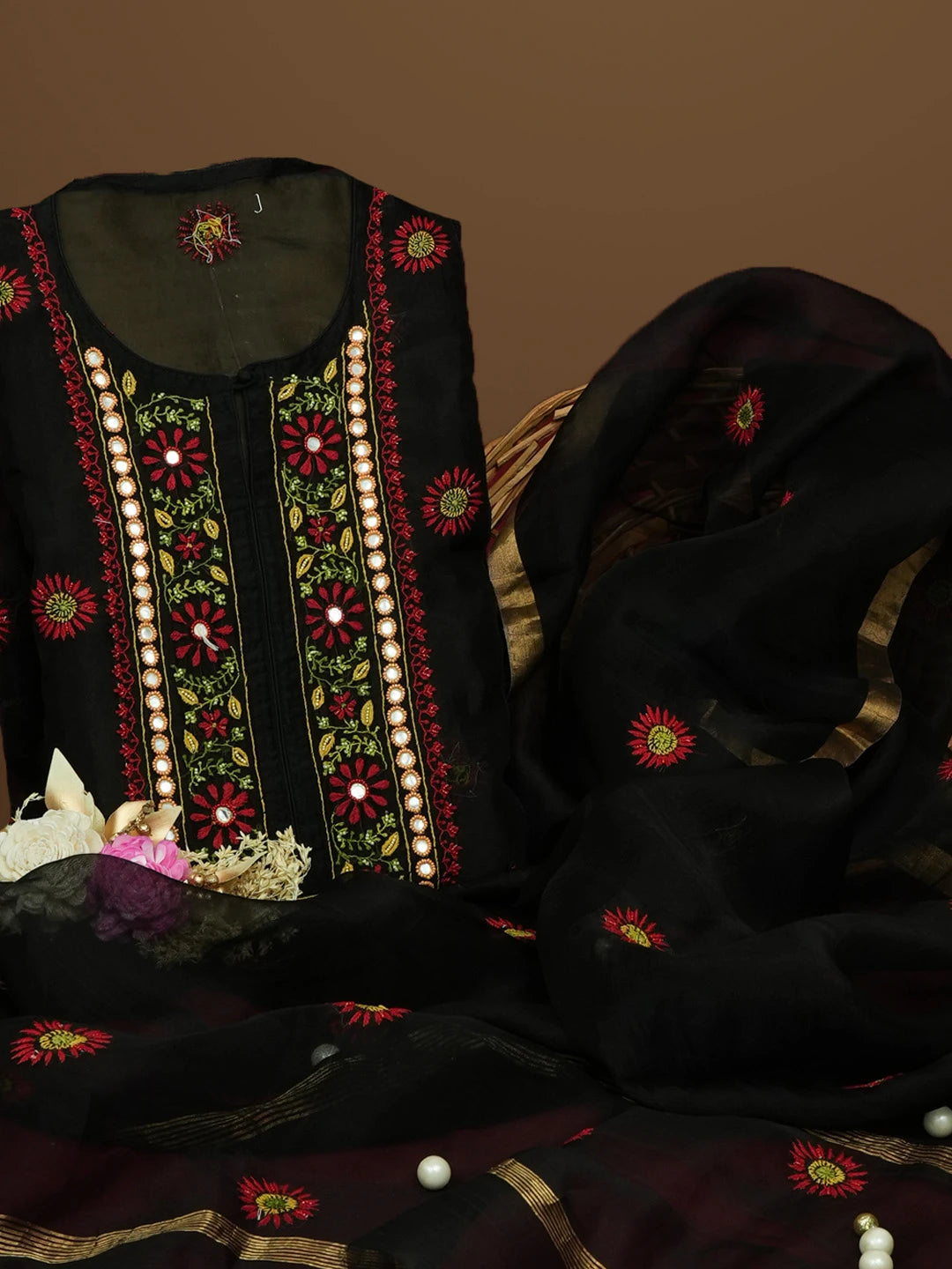 Ada Hand Embroidered Black Organza Lucknowi Chikankari Unstitched Kurta Dupatta Set With Parsi Work 01A566335