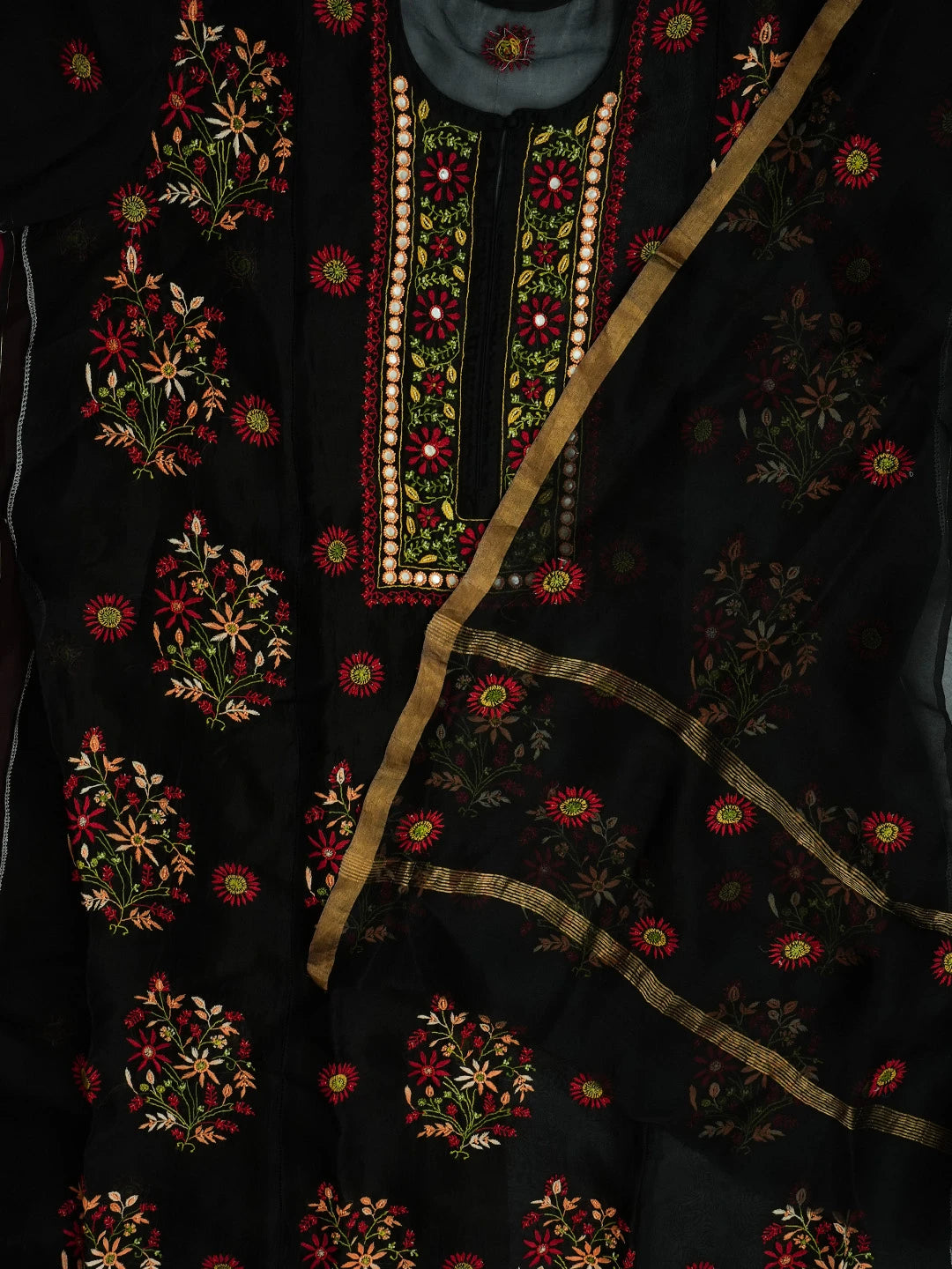 Ada Hand Embroidered Black Organza Lucknowi Chikankari Unstitched Kurta Dupatta Set With Parsi Work 01A566335