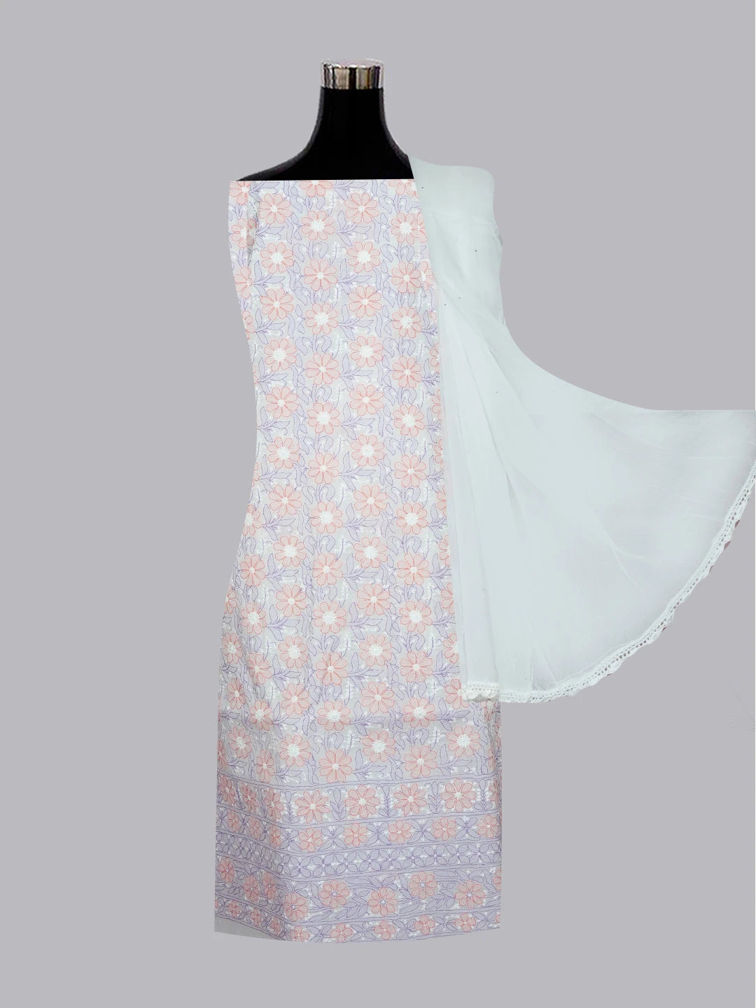 Ada Hand Embroidered White Cotton Lucknowi Chikankari Unstitched Suit Piece 01A572025