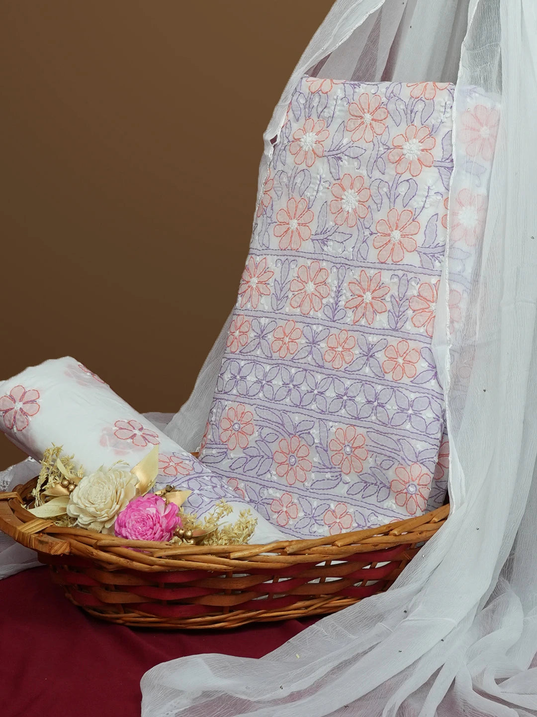 Ada Hand Embroidered White Cotton Lucknowi Chikankari Unstitched Suit Piece 01A572025