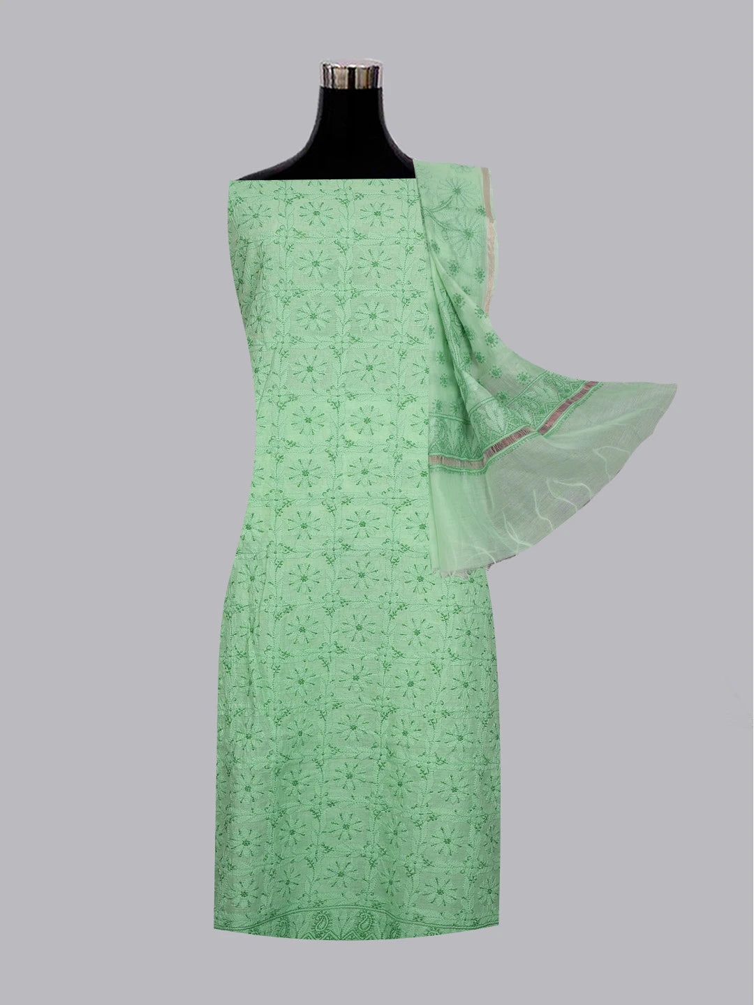 Ada Hand Embroidered Mint Green Chanderi Lucknowi Chikankari Unstitched Kurta Dupatta Set 01A580238