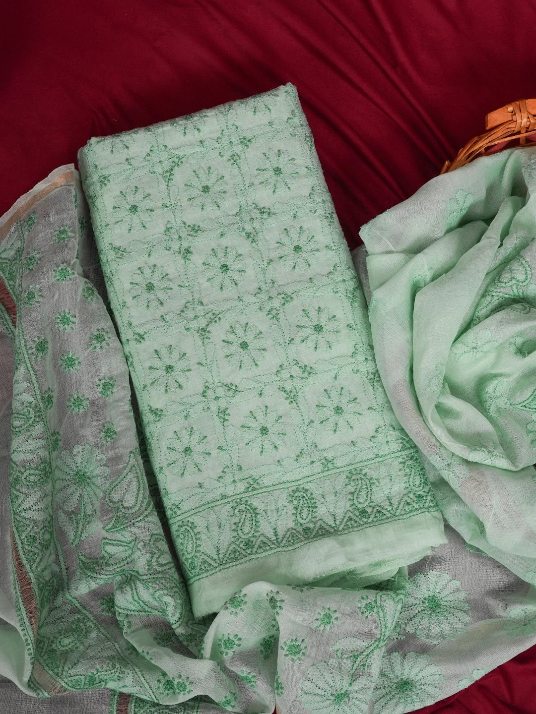Ada Hand Embroidered Mint Green Chanderi Lucknowi Chikankari Unstitched Kurta Dupatta Set 01A580238