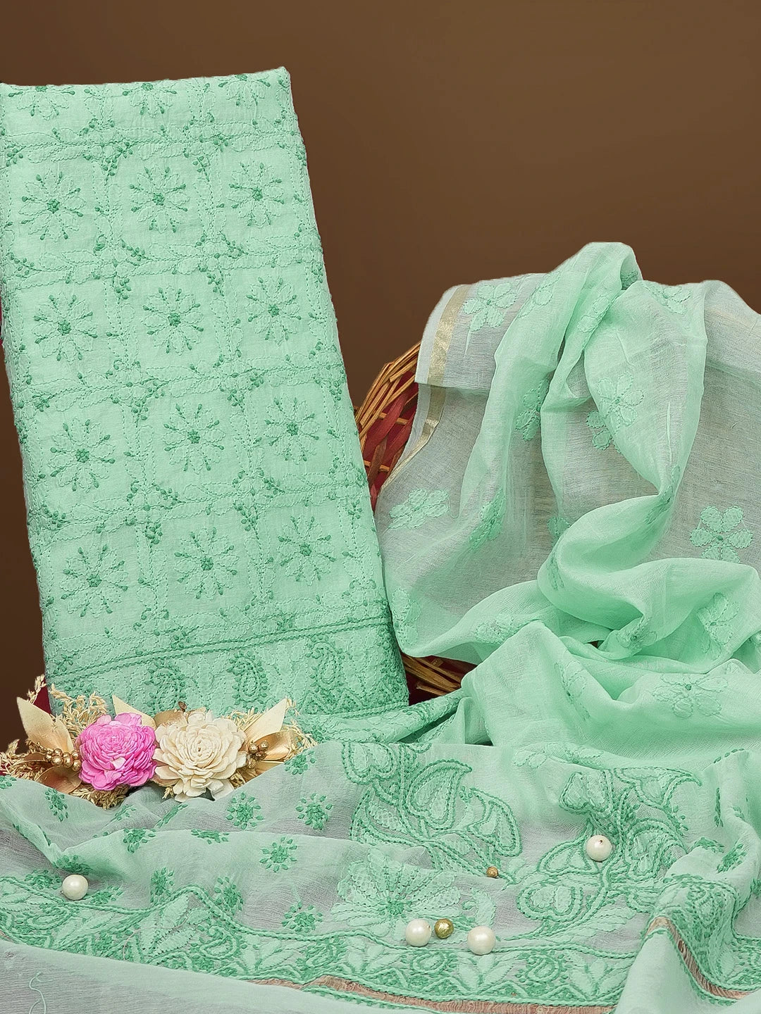 Ada Hand Embroidered Mint Green Chanderi Lucknowi Chikankari Unstitched Kurta Dupatta Set 01A580238