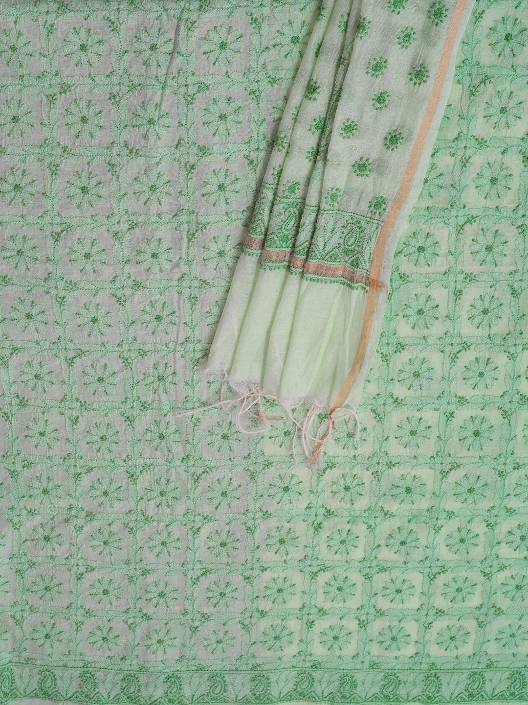Ada Hand Embroidered Mint Green Chanderi Lucknowi Chikankari Unstitched Kurta Dupatta Set 01A580238