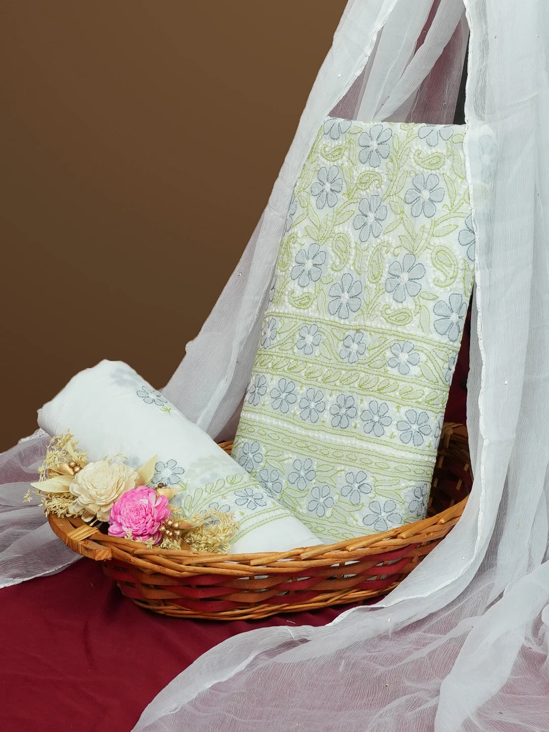 Ada Hand Embroidered White Cotton Lucknowi Chikankari Unstitched Suit Piece 01A572030