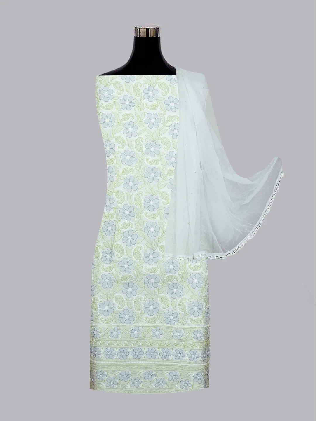Ada Hand Embroidered White Cotton Lucknowi Chikankari Unstitched Suit Piece 01A572030