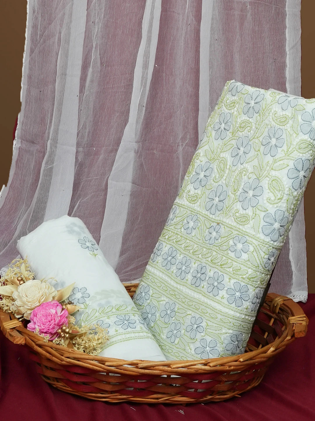 Ada Hand Embroidered White Cotton Lucknowi Chikankari Unstitched Suit Piece 01A572030