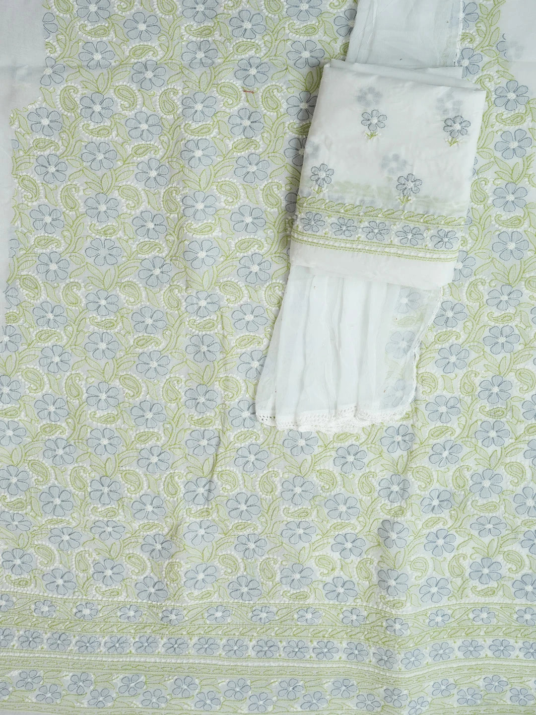 Ada Hand Embroidered White Cotton Lucknowi Chikankari Unstitched Suit Piece 01A572030