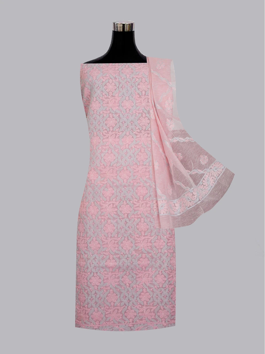 Ada Hand Embroidered Pink Chanderi Lucknowi Chikankari Unstitched Kurta Dupatta Set 01A580242