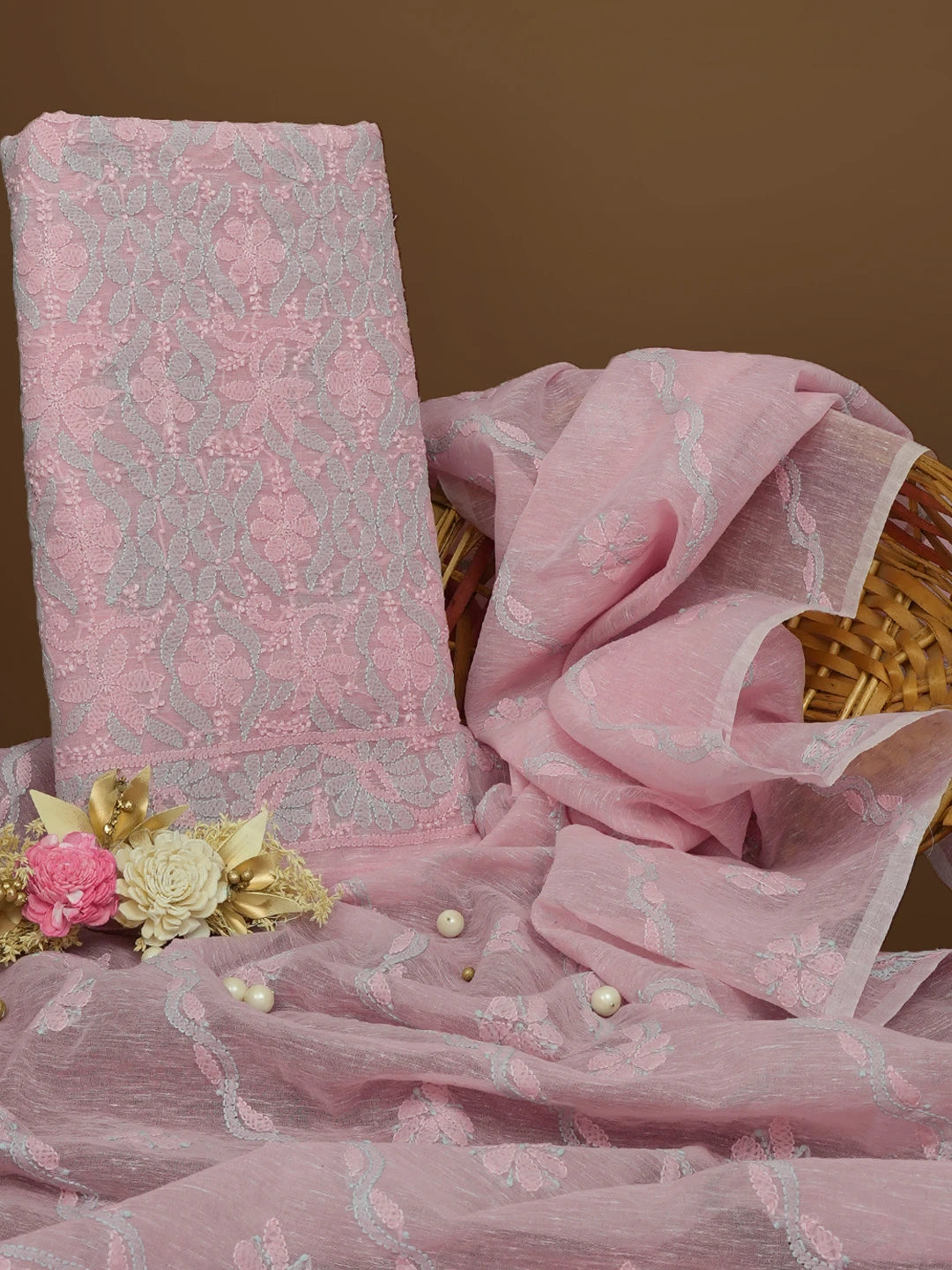 Ada Hand Embroidered Pink Chanderi Lucknowi Chikankari Unstitched Kurta Dupatta Set 01A580242