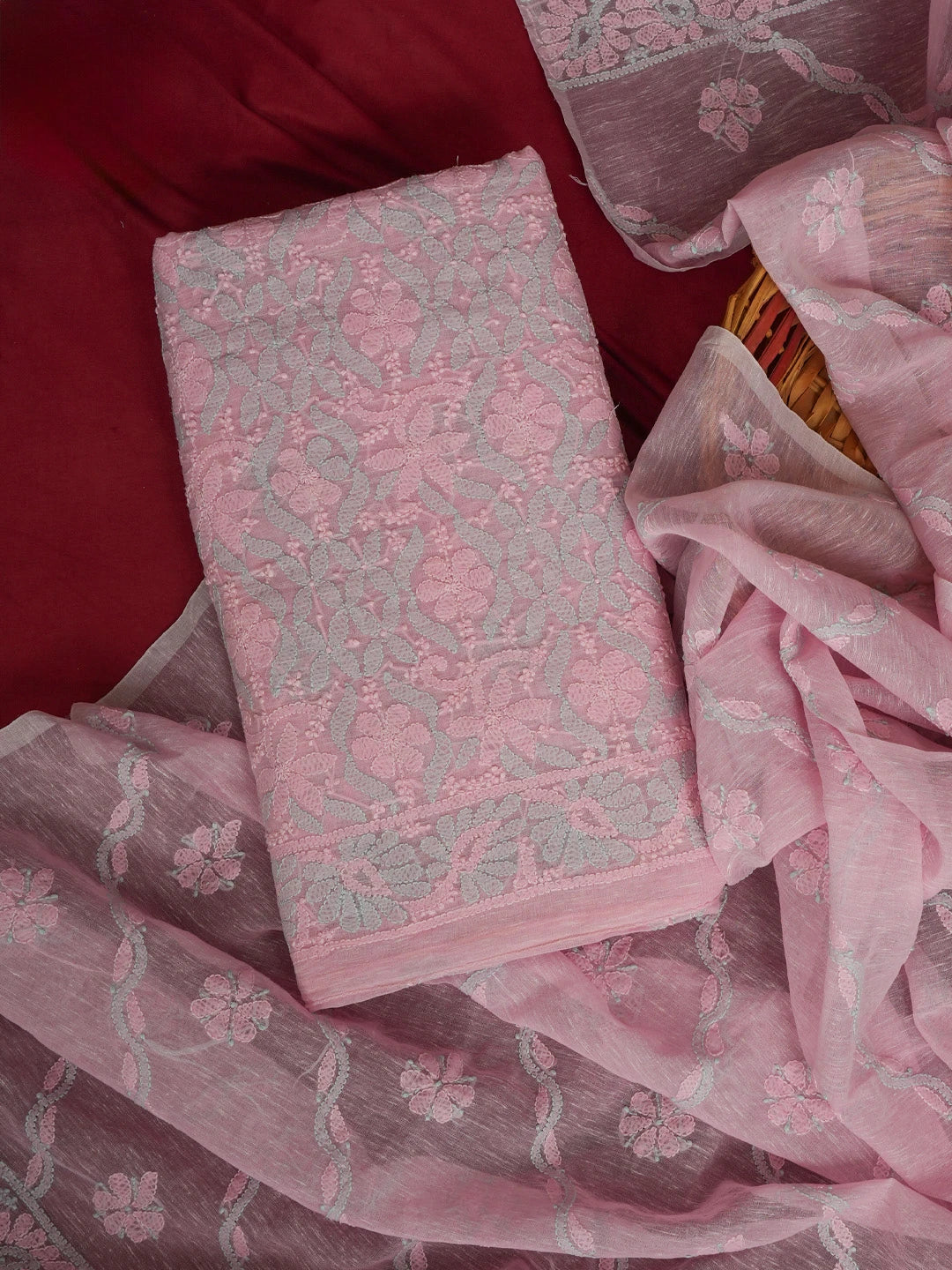 Ada Hand Embroidered Pink Chanderi Lucknowi Chikankari Unstitched Kurta Dupatta Set 01A580242
