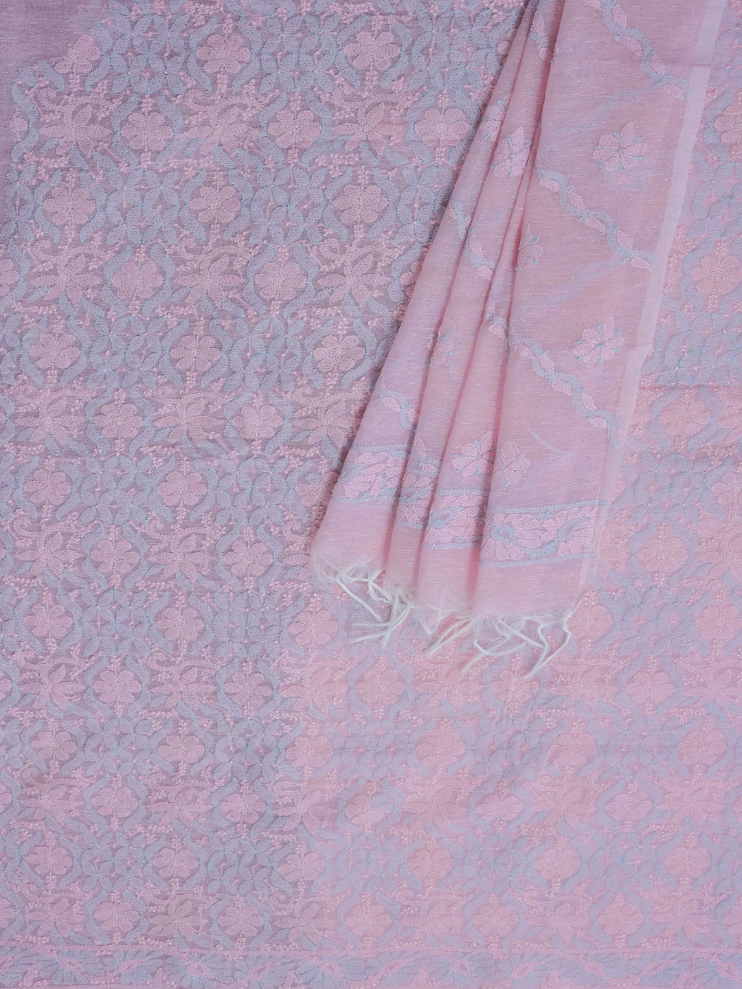 Ada Hand Embroidered Pink Chanderi Lucknowi Chikankari Unstitched Kurta Dupatta Set 01A580242