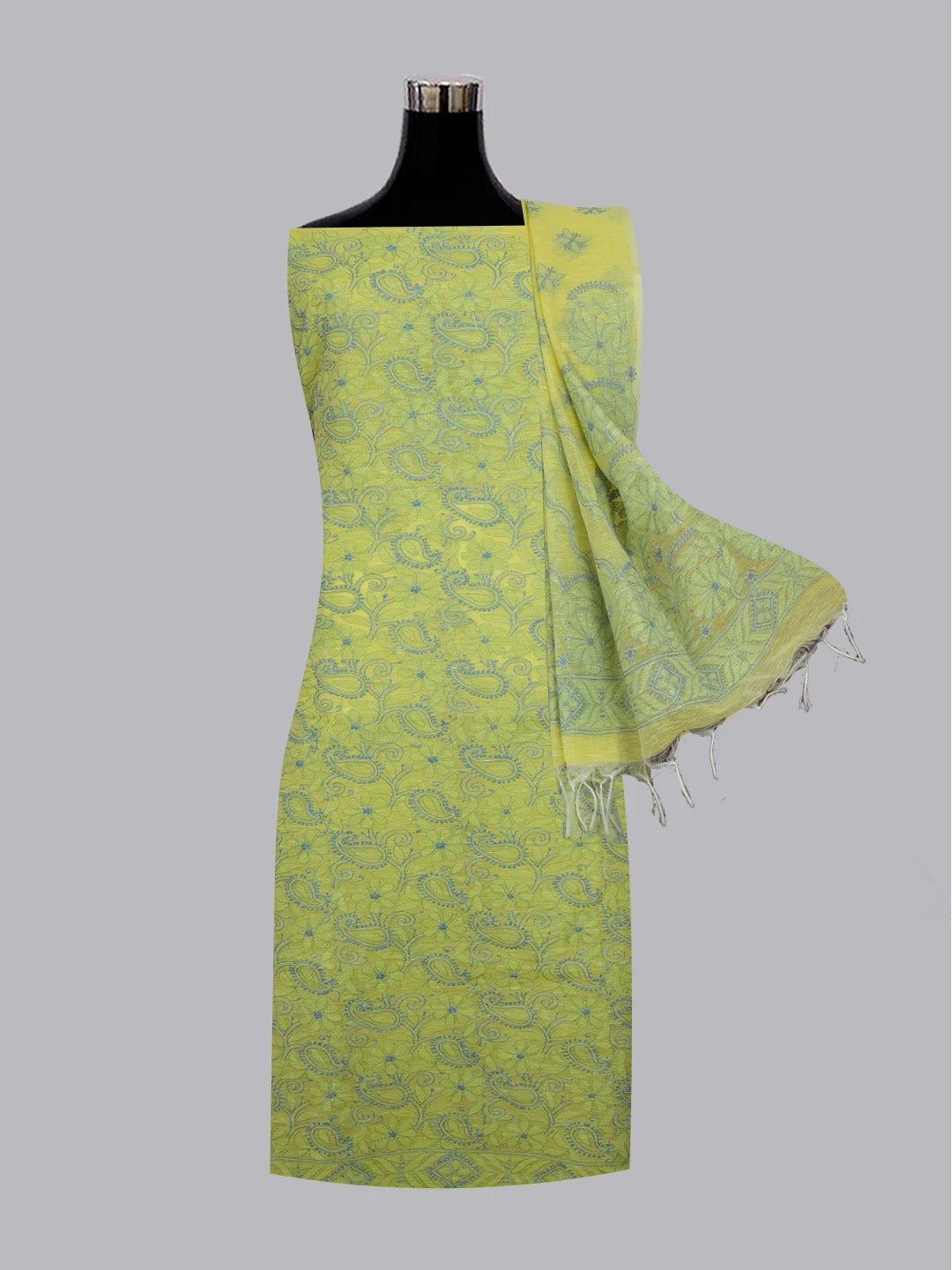 Ada Hand Embroidered Lemon Chanderi Lucknowi Chikankari Unstitched Kurta Dupatta Set 01A580248
