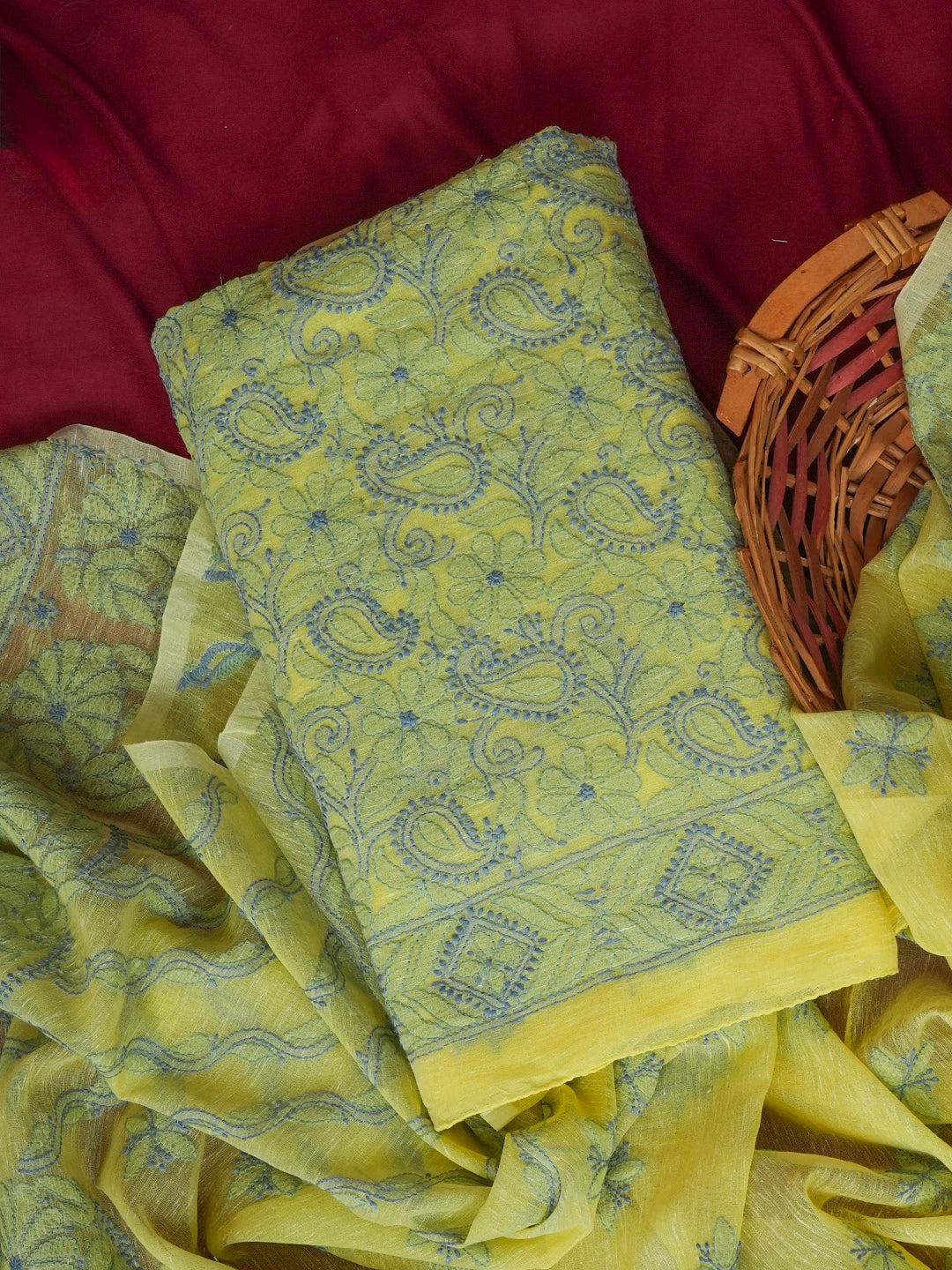 Ada Hand Embroidered Lemon Chanderi Lucknowi Chikankari Unstitched Kurta Dupatta Set 01A580248