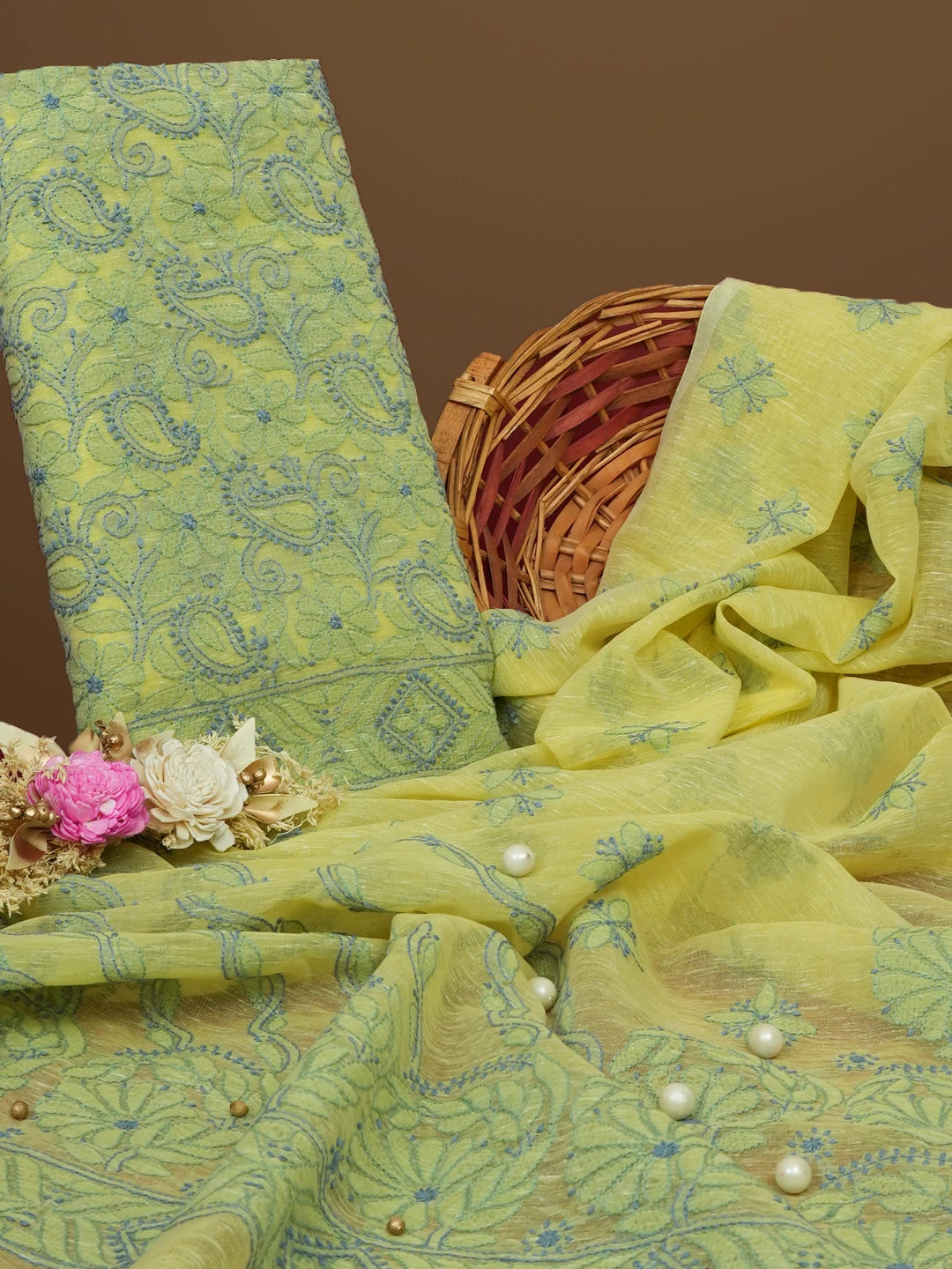 Ada Hand Embroidered Lemon Chanderi Lucknowi Chikankari Unstitched Kurta Dupatta Set 01A580248