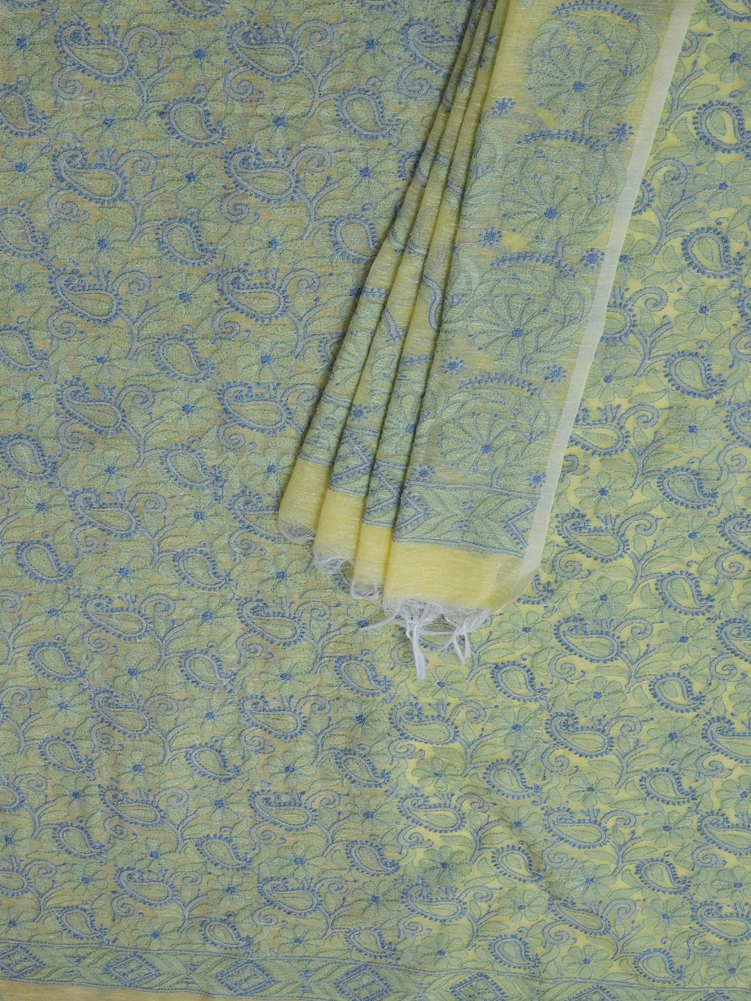Ada Hand Embroidered Lemon Chanderi Lucknowi Chikankari Unstitched Kurta Dupatta Set 01A580248