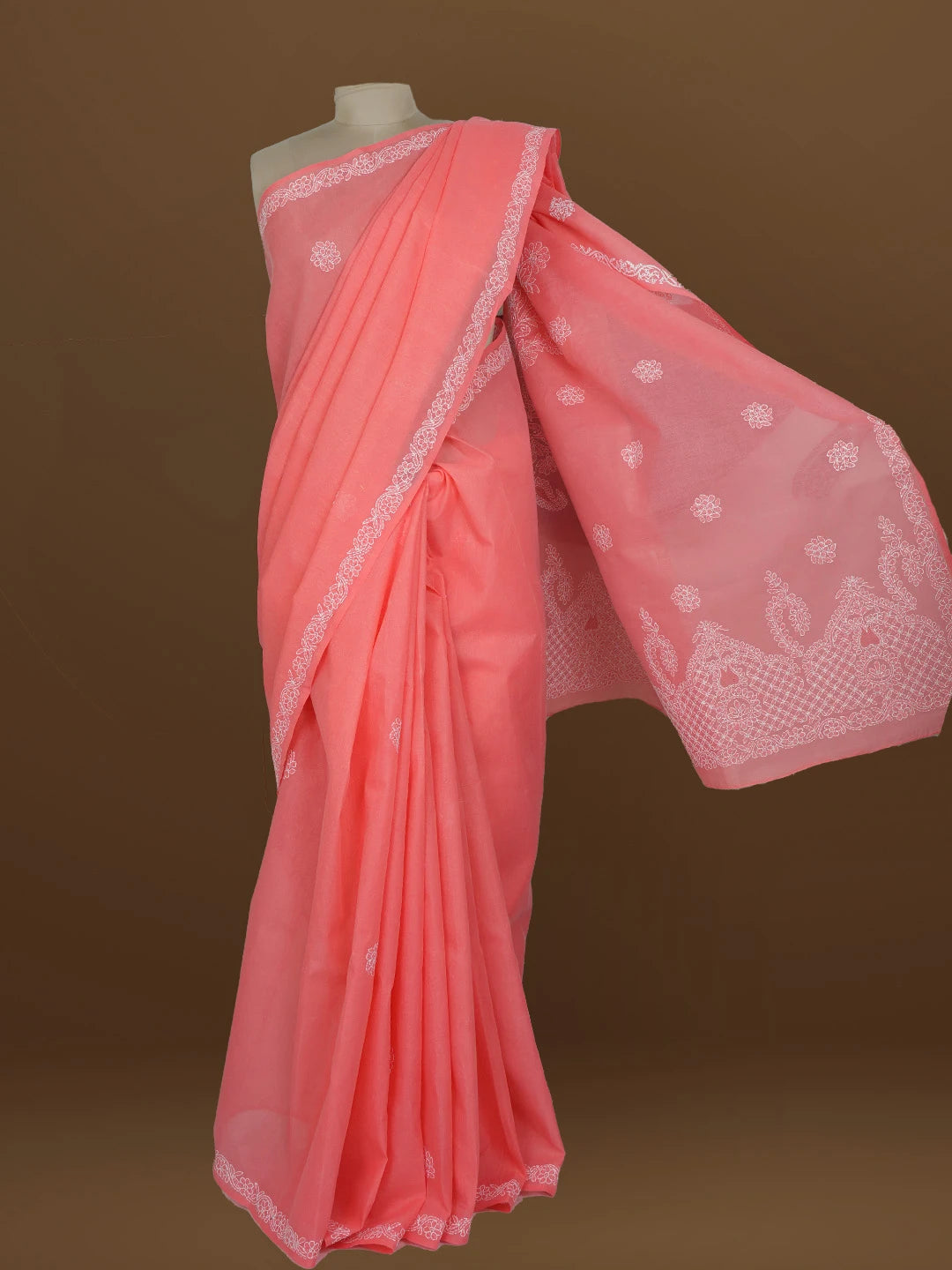 Ada Hand Embroidered Carrot Pink Cotton Lucknowi Chikankari Saree With Blouse 01A581116
