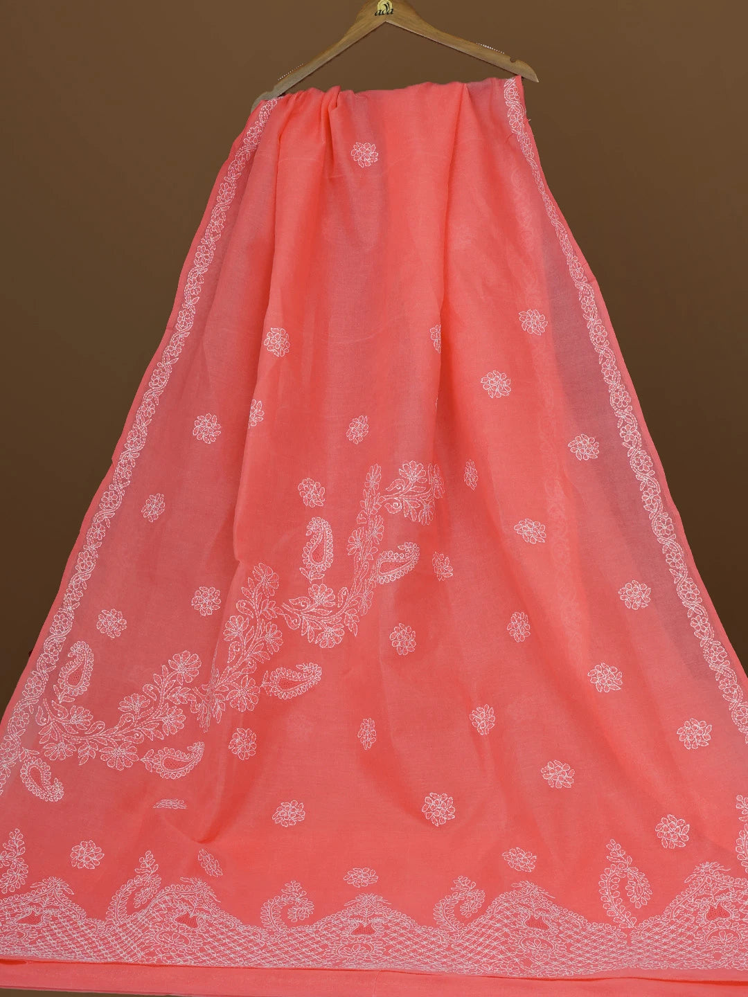 Ada Hand Embroidered Carrot Pink Cotton Lucknowi Chikankari Saree With Blouse 01A581116