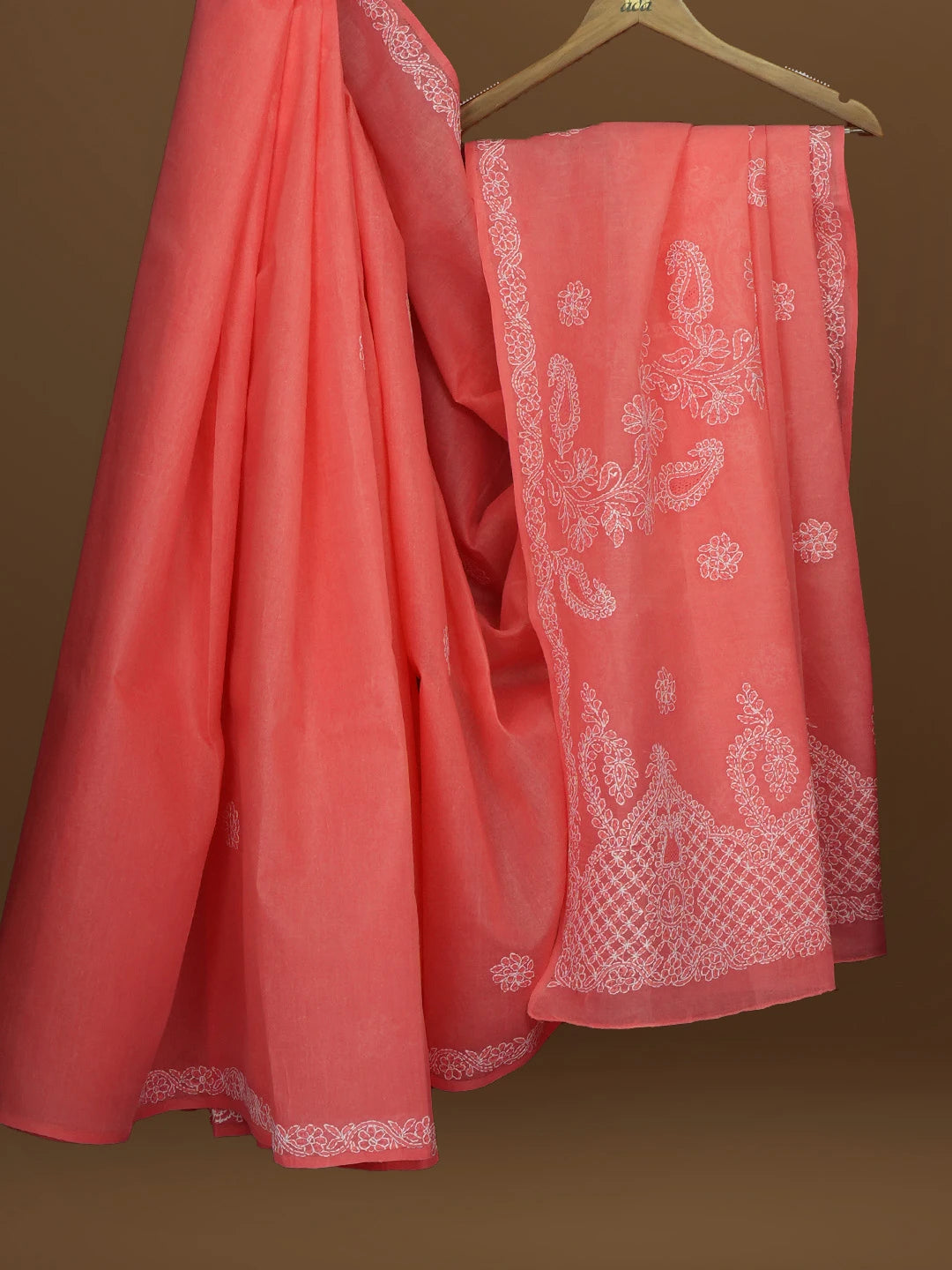 Ada Hand Embroidered Carrot Pink Cotton Lucknowi Chikankari Saree With Blouse 01A581116
