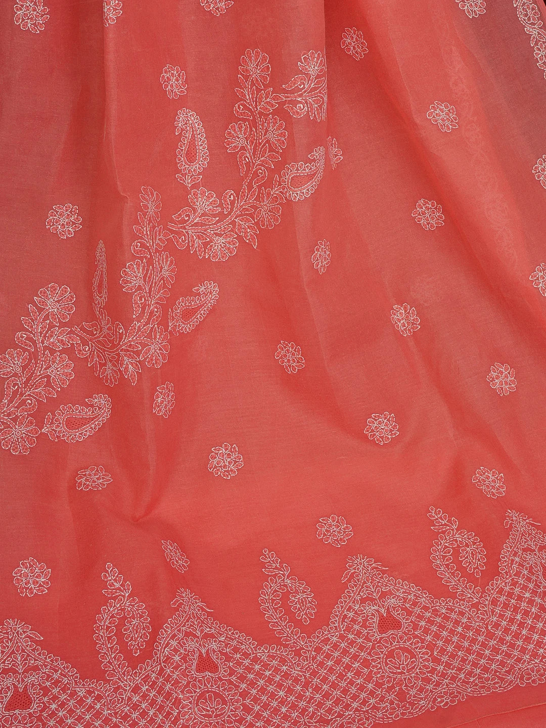 Ada Hand Embroidered Carrot Pink Cotton Lucknowi Chikankari Saree With Blouse 01A581116