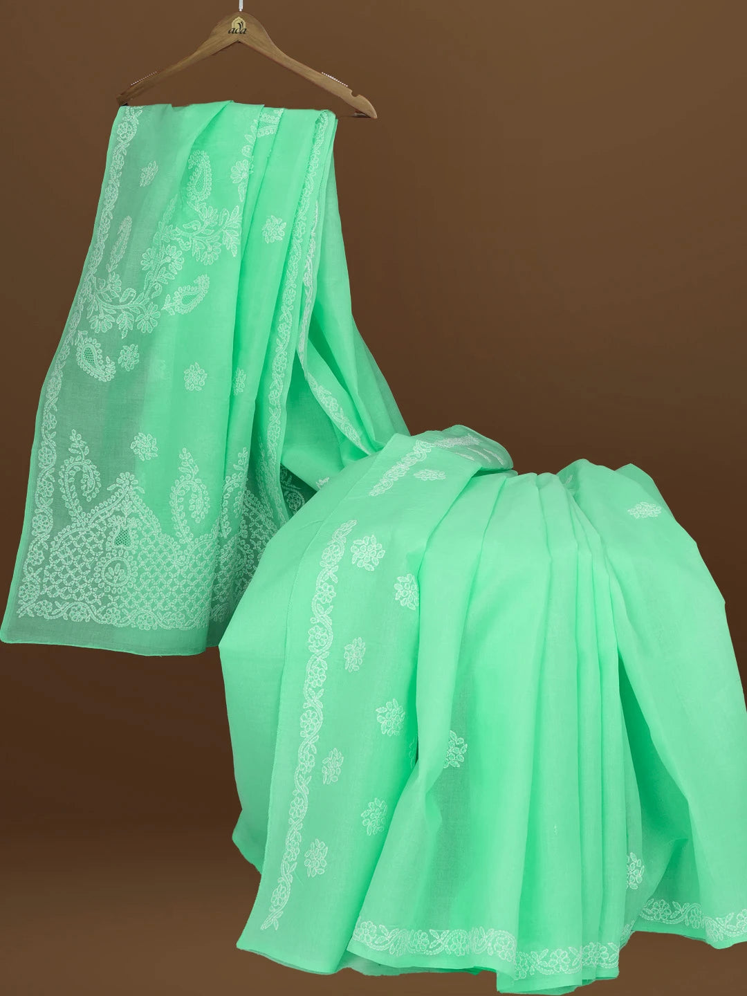 Ada Hand Embroidered Sea Green Cotton Lucknowi Chikankari Saree With Blouse 01A581115
