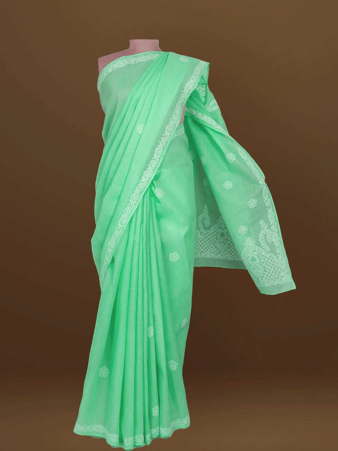 Ada Hand Embroidered Sea Green Cotton Lucknowi Chikankari Saree With Blouse 01A581115