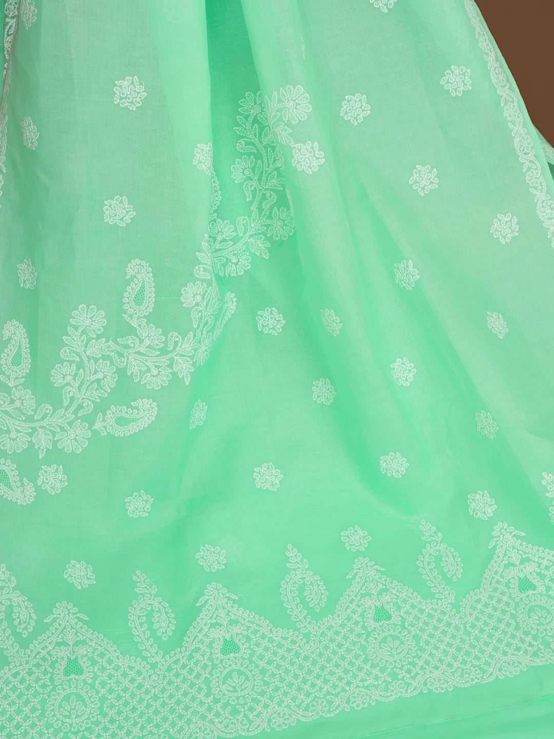 Ada Hand Embroidered Sea Green Cotton Lucknowi Chikankari Saree With Blouse 01A581115