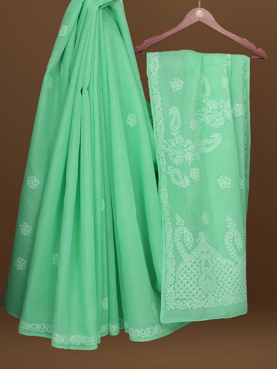 Ada Hand Embroidered Sea Green Cotton Lucknowi Chikankari Saree With Blouse 01A581115