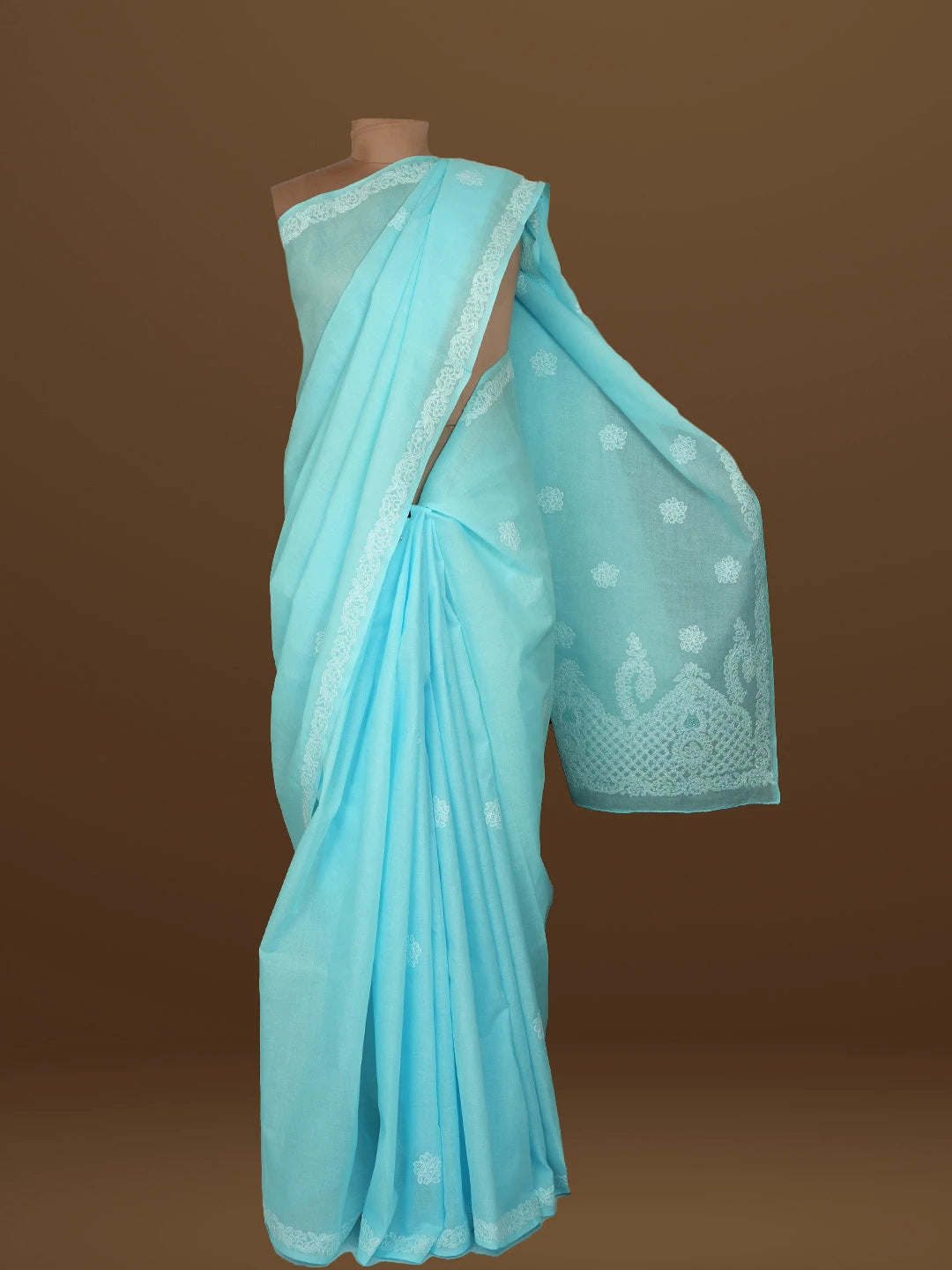 Ada Hand Embroidered Blue Cotton Lucknowi Chikankari Saree With Blouse 01A581138