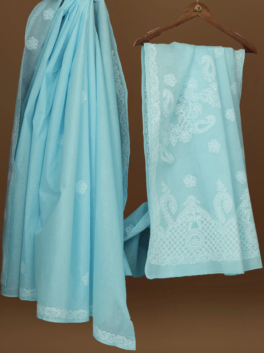 Ada Hand Embroidered Blue Cotton Lucknowi Chikankari Saree With Blouse 01A581138