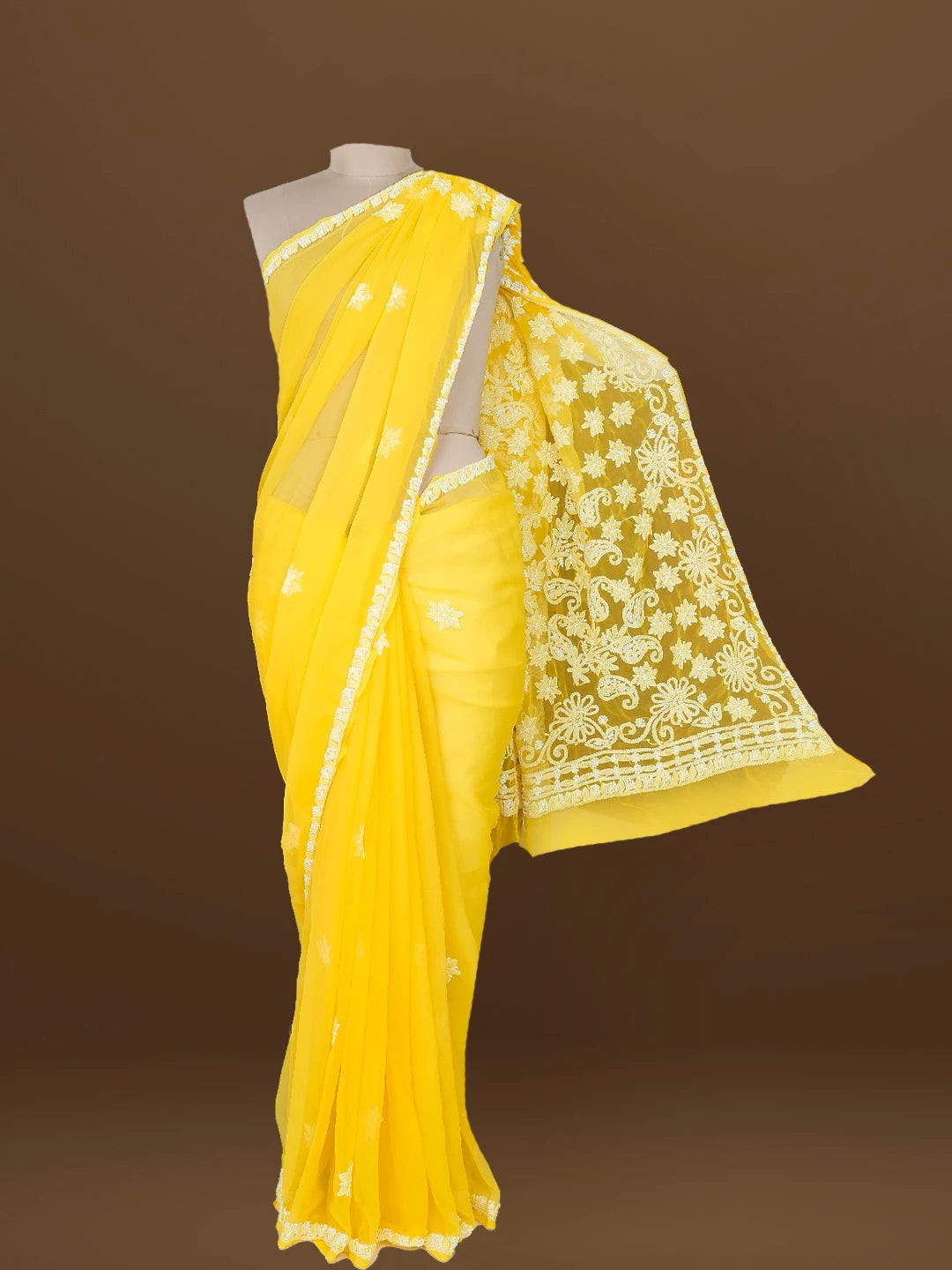 Ada Hand Embroidered Yellow Georgette Lucknowi Chikankari Saree With Blouse 01A571947